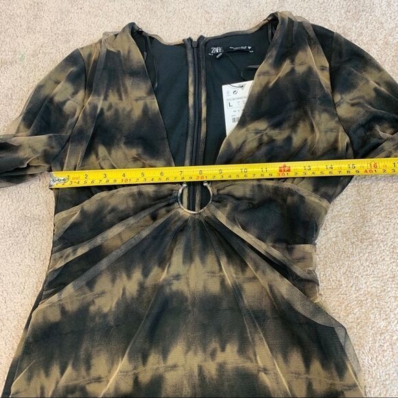 Zara Brown black long sleeve V-neck tulle mini dress Sz L NWT - Picture 11 of 15